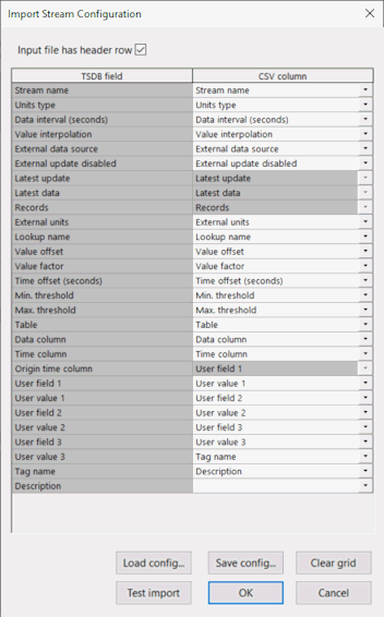 Import Stream Configuration Dialog