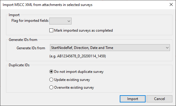 Import Mscc XML from attachments in selected surveys dialog