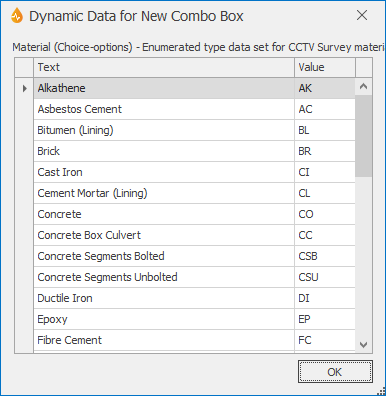 Example of Dynamic Data for CCTV Material choice list