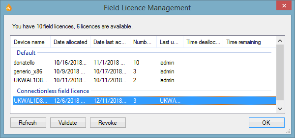 Field Licence Management Dialog - licence validated