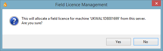 Field Licence Management confirmation message