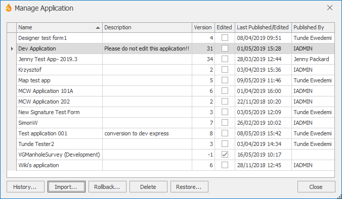 Manage Application dialog