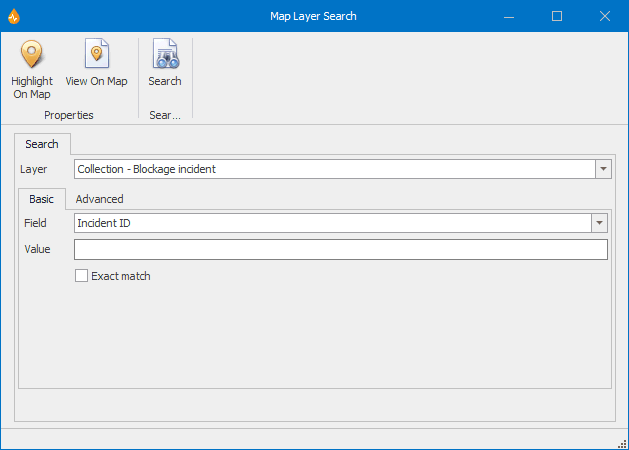 Map Layer Search dialog - Basic page