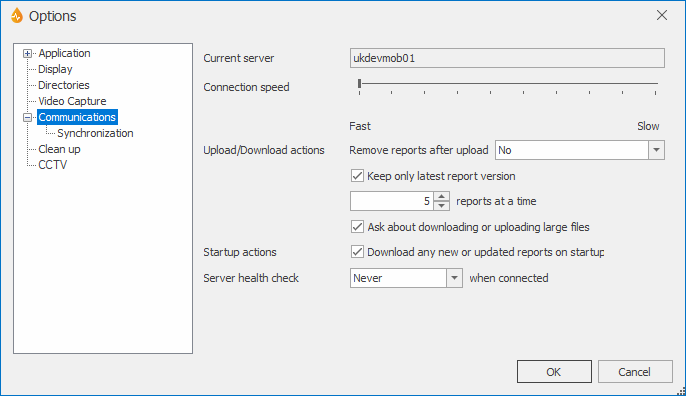 Communications page of the Options dialog