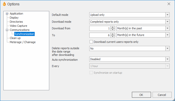 Synchronization subpage of the Communications page on the Options dialog