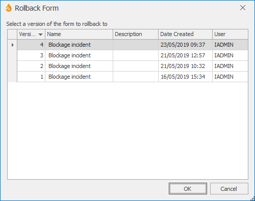 Rollback Form dialog