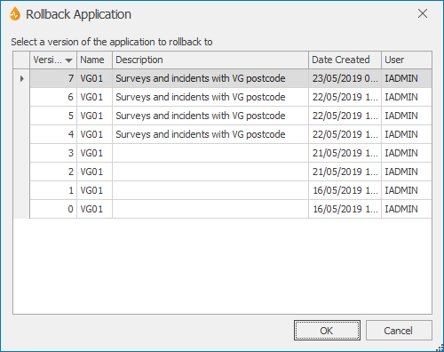 Rollback Application dialog