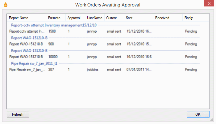 Work Order Awaiting Approval dialog