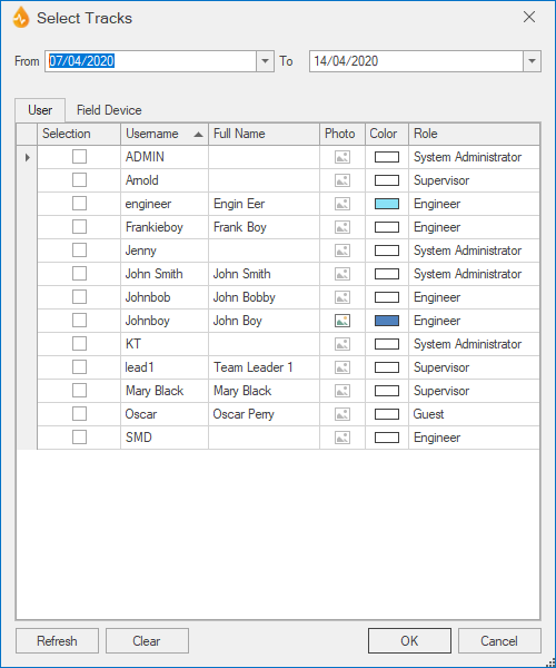 Select Tracks dialog