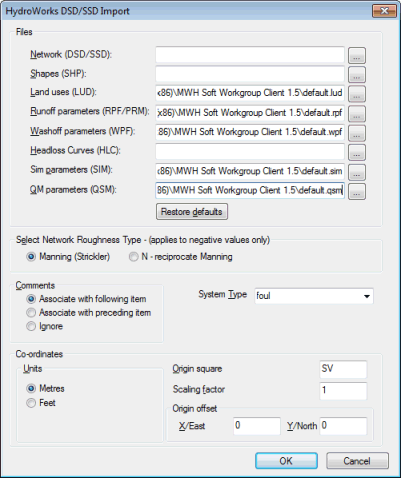 HydroWorks DSD/SSD Import dialog