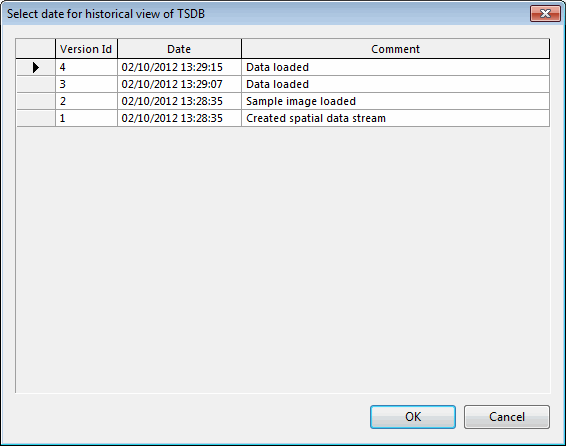 Select date for historical view of TSDB dialog
