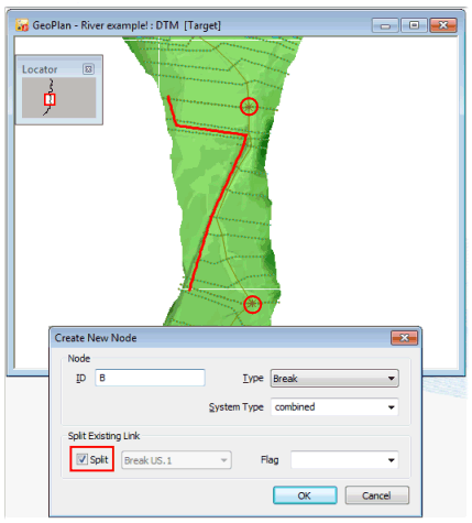 Adding two new break nodes and splitting the existing link