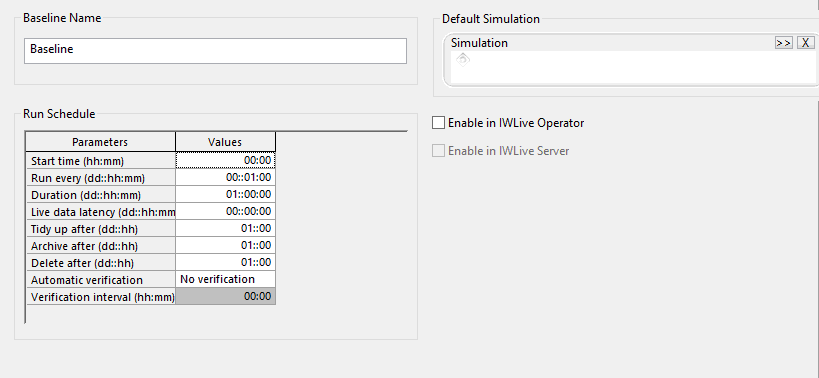 Default Model page of the Baseline property sheet