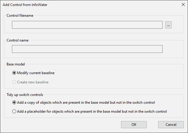 Add Control From InfoWater dialog