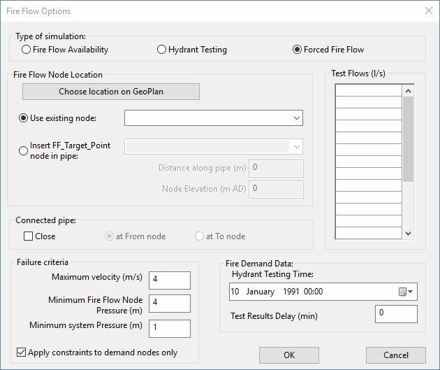 Fire Flow Options - Forced Fire Flow view