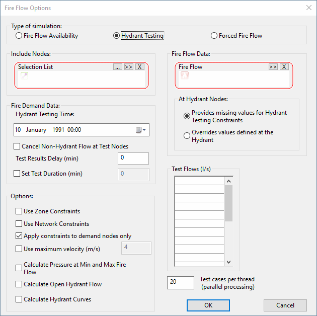 Fire Flow Options dialog - Hydrant Testing view