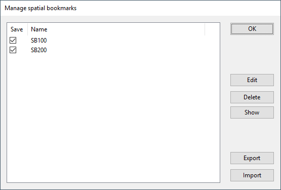 Manage Spacial Bookmarks dialog