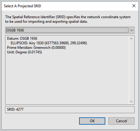 Select A Projected SRID dialog