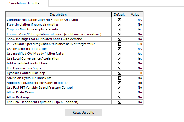 Simulation Defaults page