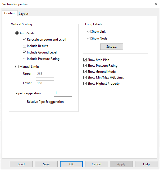 Content tab of the Long Section Properties dialog