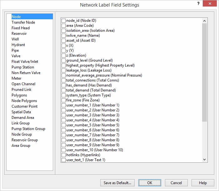 Network Label Field Settings dialog