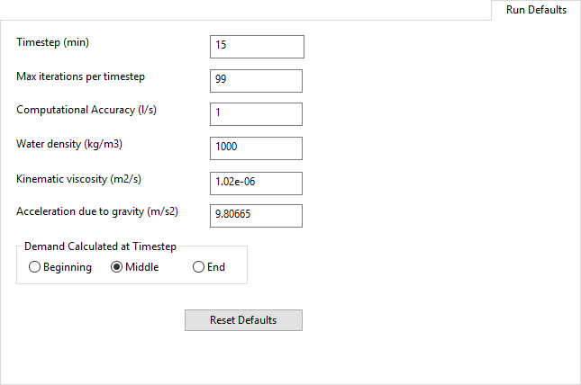 Run Defaults page