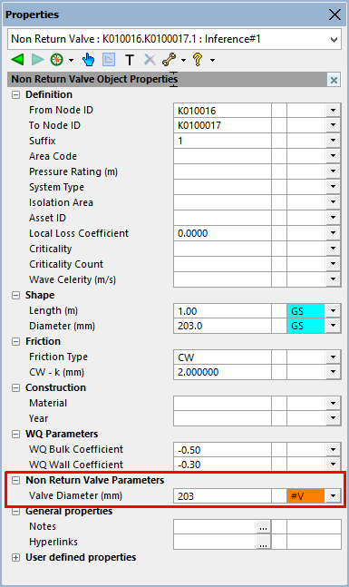 Editing the Non_Return Valve Diameter