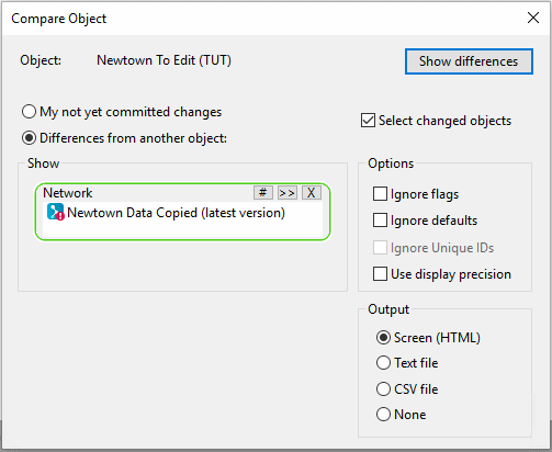 Network Compare Selection dialog